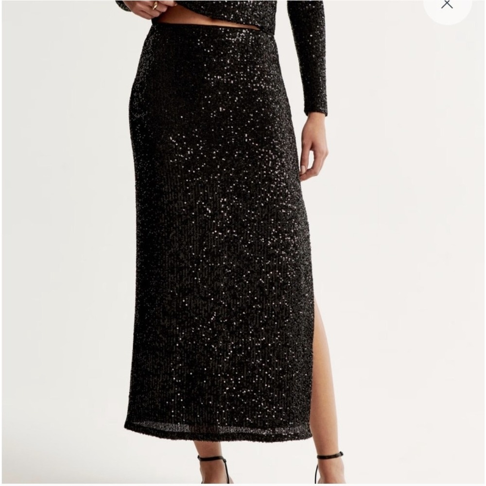 Abercrombie & Fitch Black Sequin Maxi Skirt Sz XS NWT Elastic Waist Slit Zip Clo